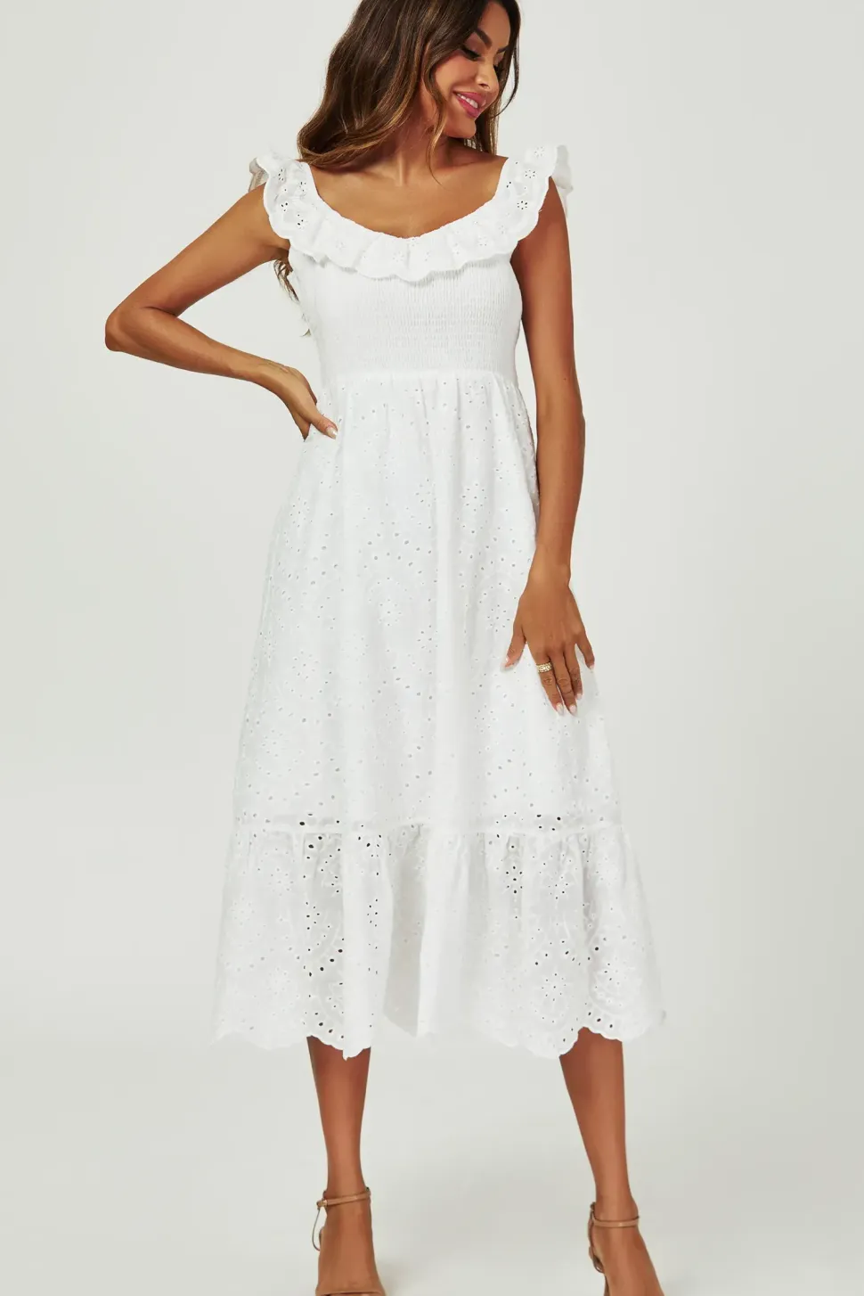 Lace Embroidery Bardot Maxi Dress In White