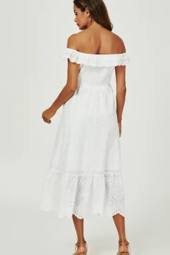 Lace Embroidery Bardot Maxi Dress In White