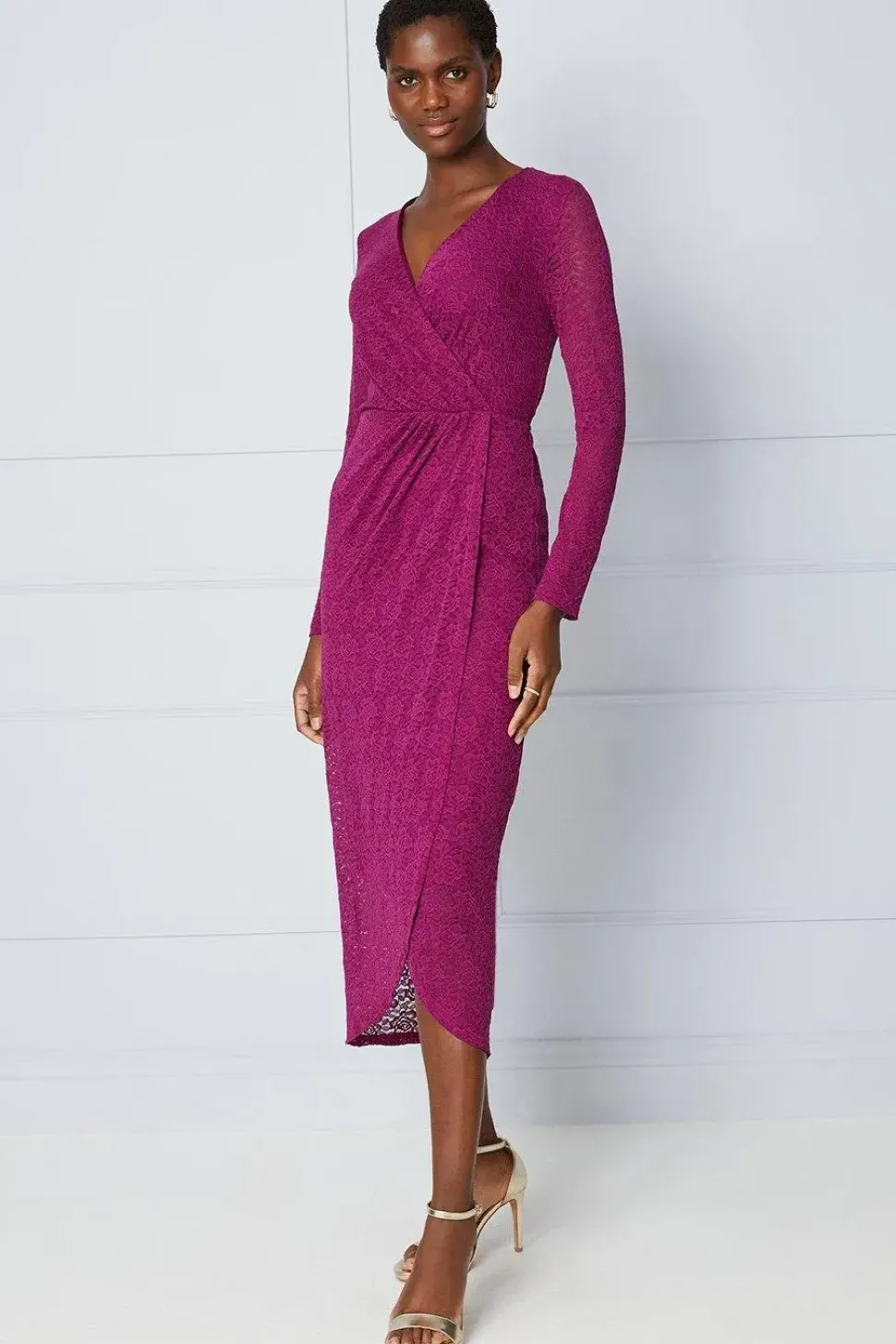Lace Gathered Wrap Midi Dress