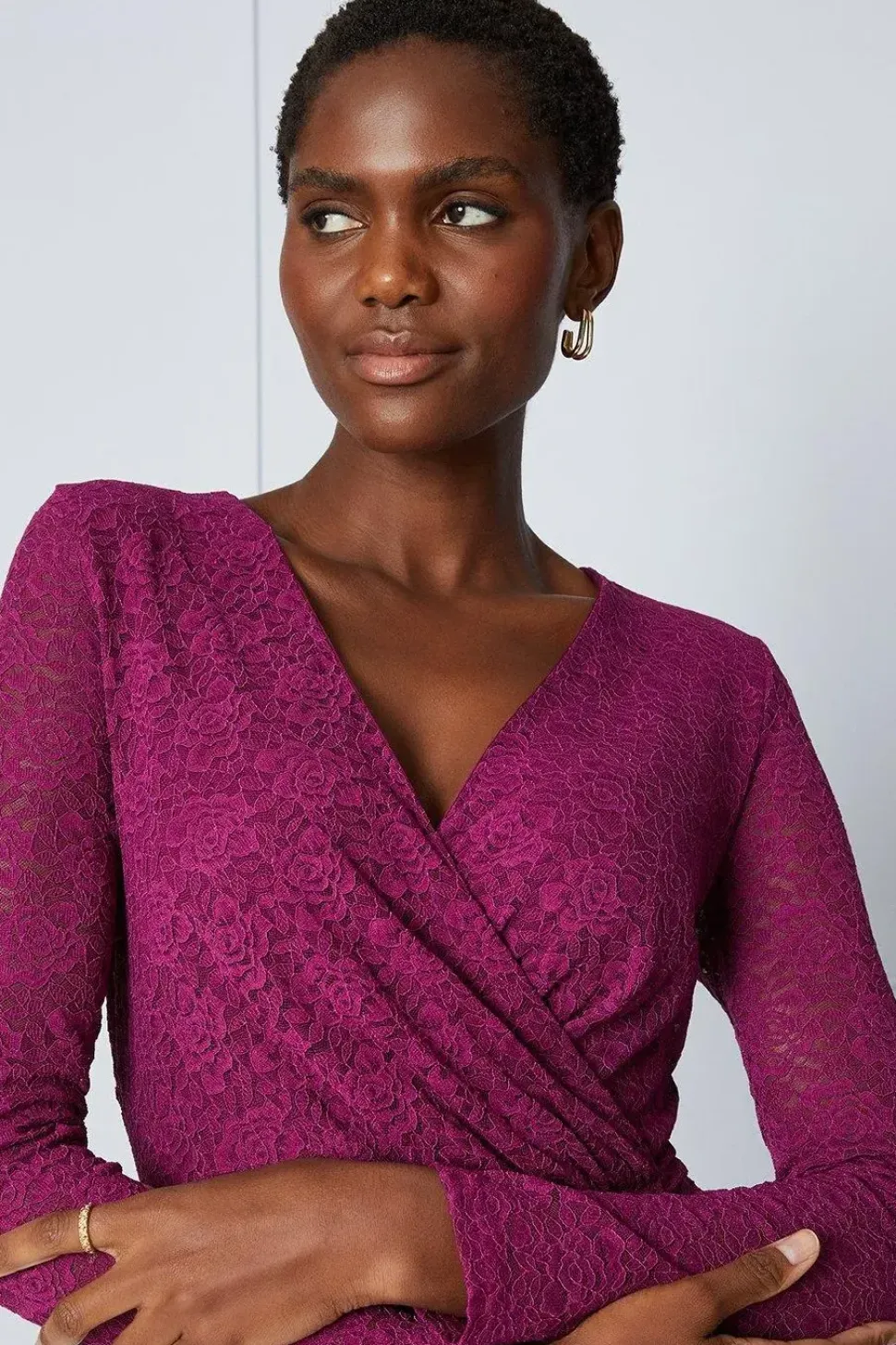 Lace Gathered Wrap Midi Dress