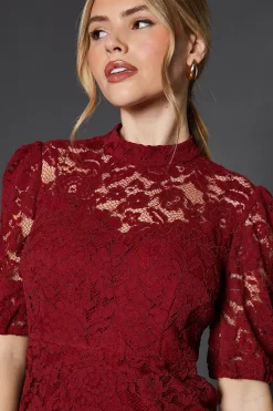 Lace High Neck Short Sleeve Mini Dress