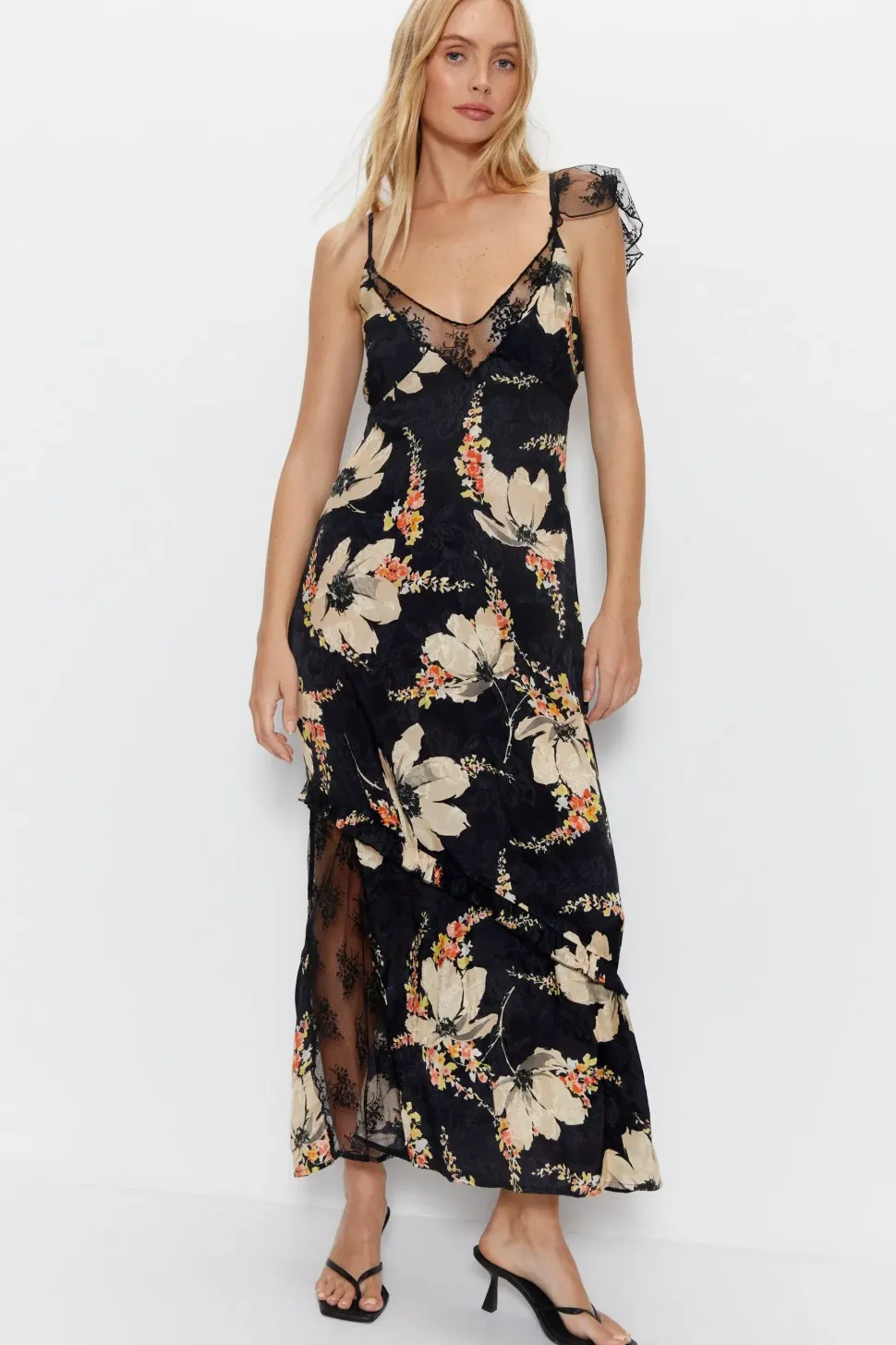 Lace Insert Floral Printed Bias Cut Midi Dress