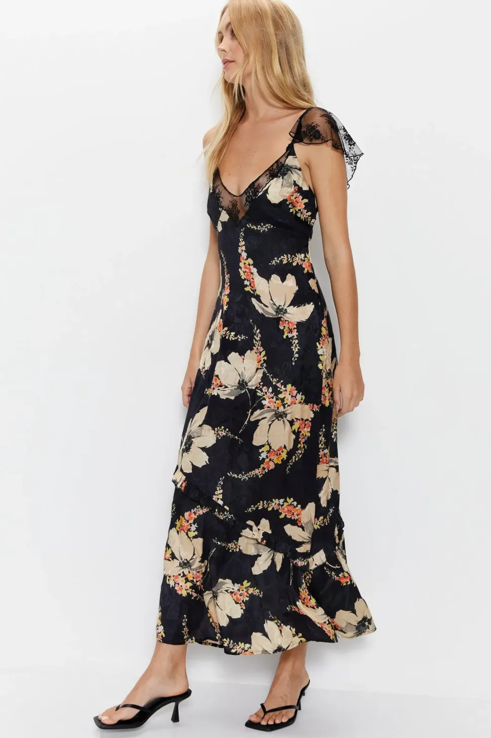 Lace Insert Floral Printed Bias Cut Midi Dress