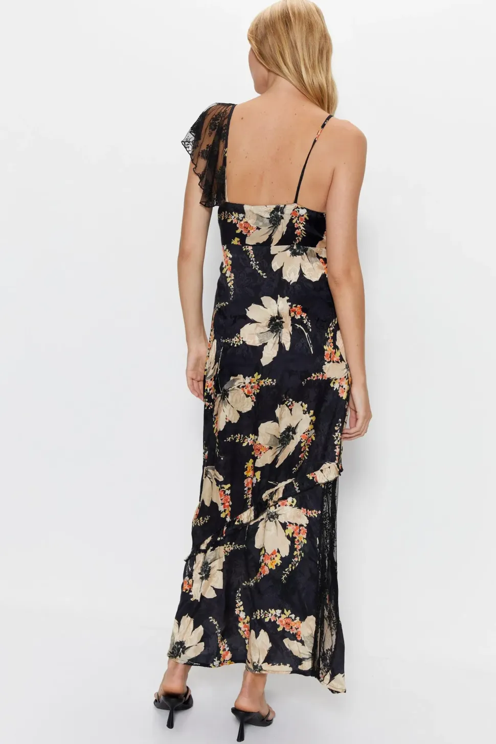 Lace Insert Floral Printed Bias Cut Midi Dress
