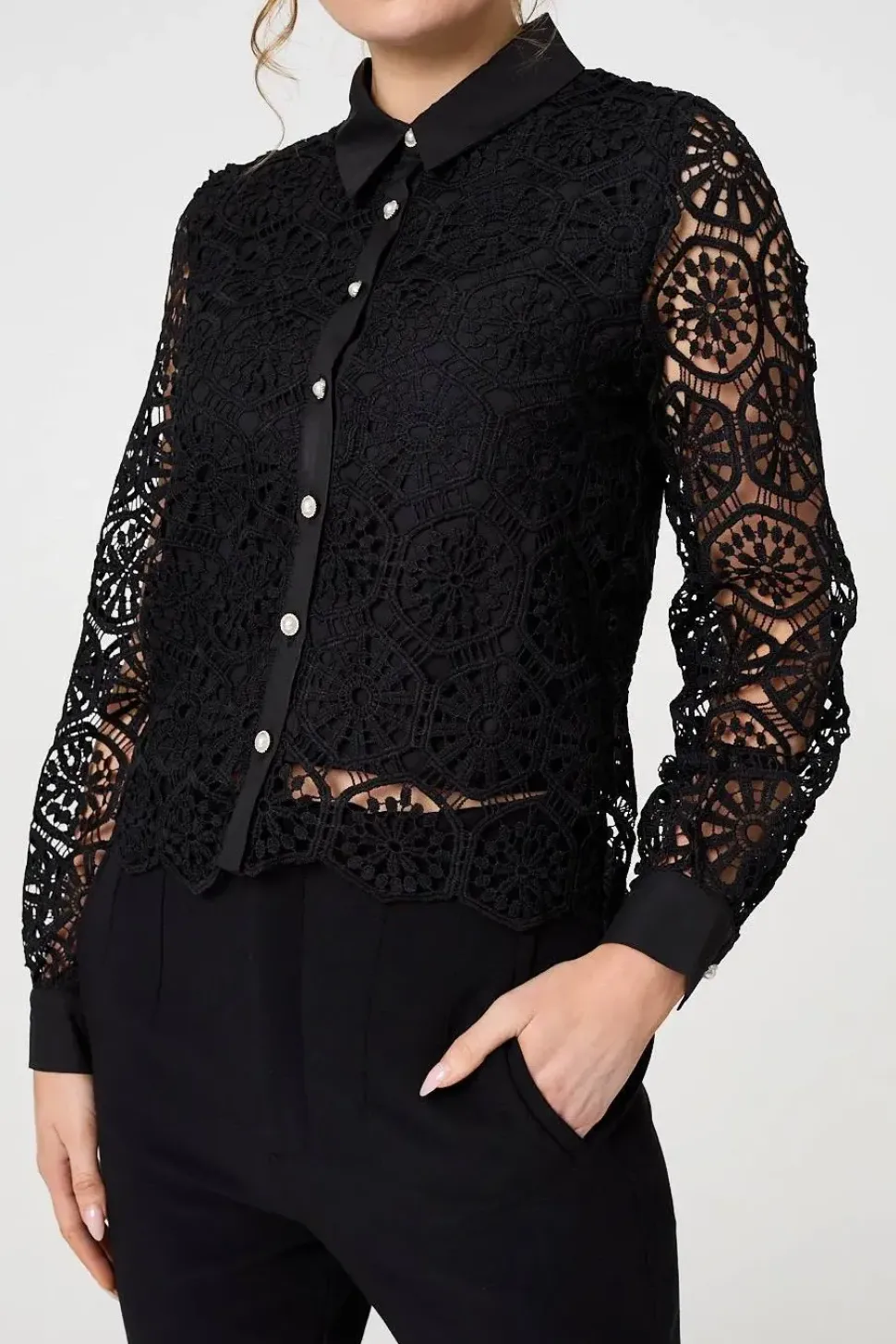 Lace Layer Sheer Sleeve Cropped Shirt