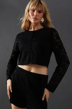 Lace Long Sleeve Button Down Crop Top