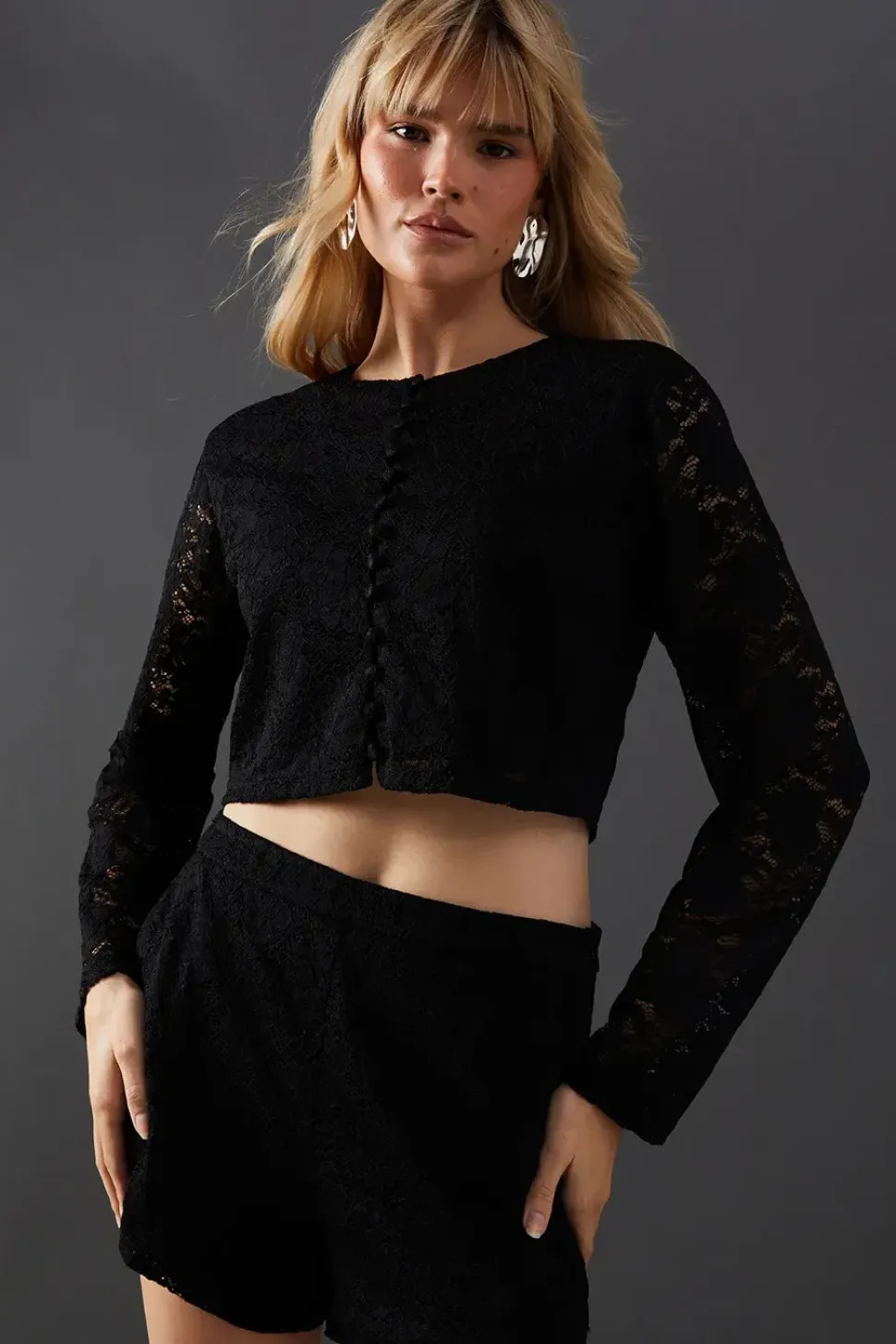 Lace Long Sleeve Button Down Crop Top