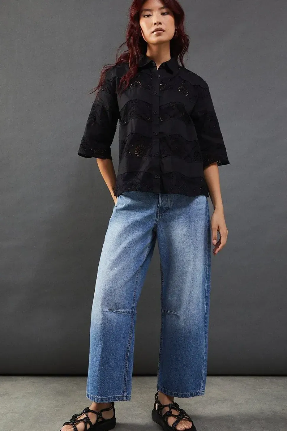 Lace Mix Scallop Hem Crop Shirt