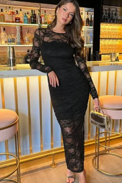 Lace Overlay Long Sleeve Bodycon Midi Dress