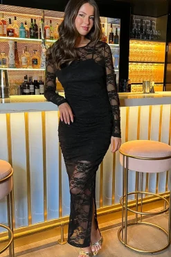Lace Overlay Long Sleeve Bodycon Midi Dress
