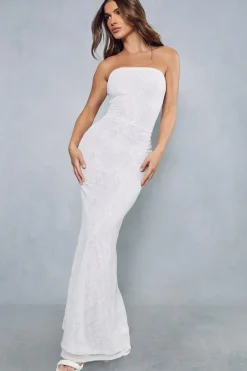 Lace Overlay Mesh Fitted Flare Hem Bandeau Maxi Dress