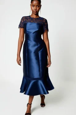 Lace Panel Twill Midi Dress