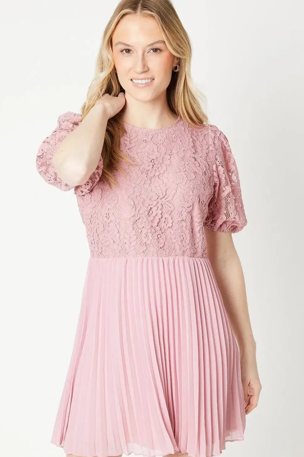 Lace Pleated Chiffon Mini Dress