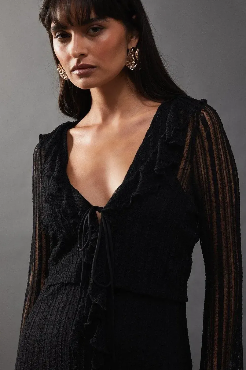 Lace Ruffle Front Flute Sleeve Cardigan Dress Set