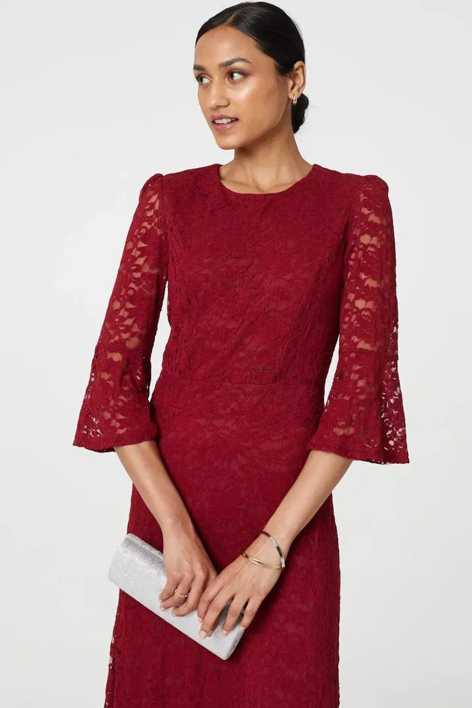 Lace Semi Sheer 3/4 Flute Sleeve Midi Dress