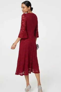 Lace Semi Sheer 3/4 Flute Sleeve Midi Dress