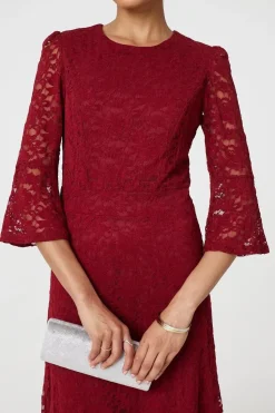 Lace Semi Sheer 3/4 Flute Sleeve Midi Dress