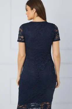 Lace Short Sleeve Notch Pencil Dress