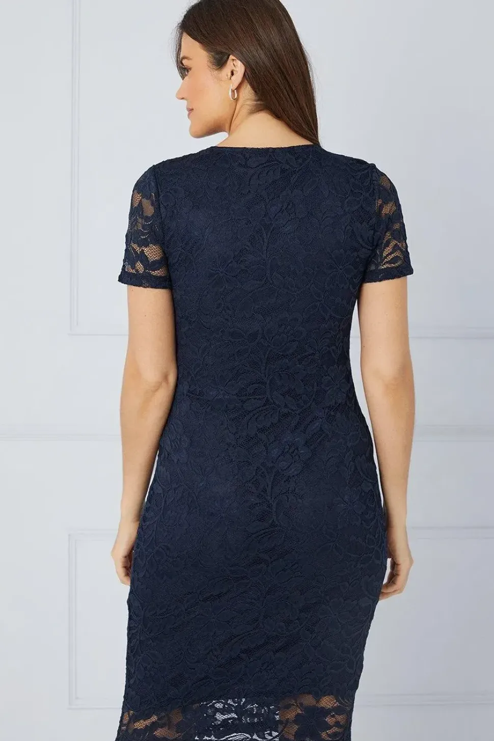 Lace Short Sleeve Notch Pencil Dress
