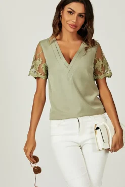 Lace Short Sleeve v Neck Blouse Top In Olive