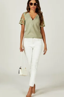 Lace Short Sleeve v Neck Blouse Top In Olive