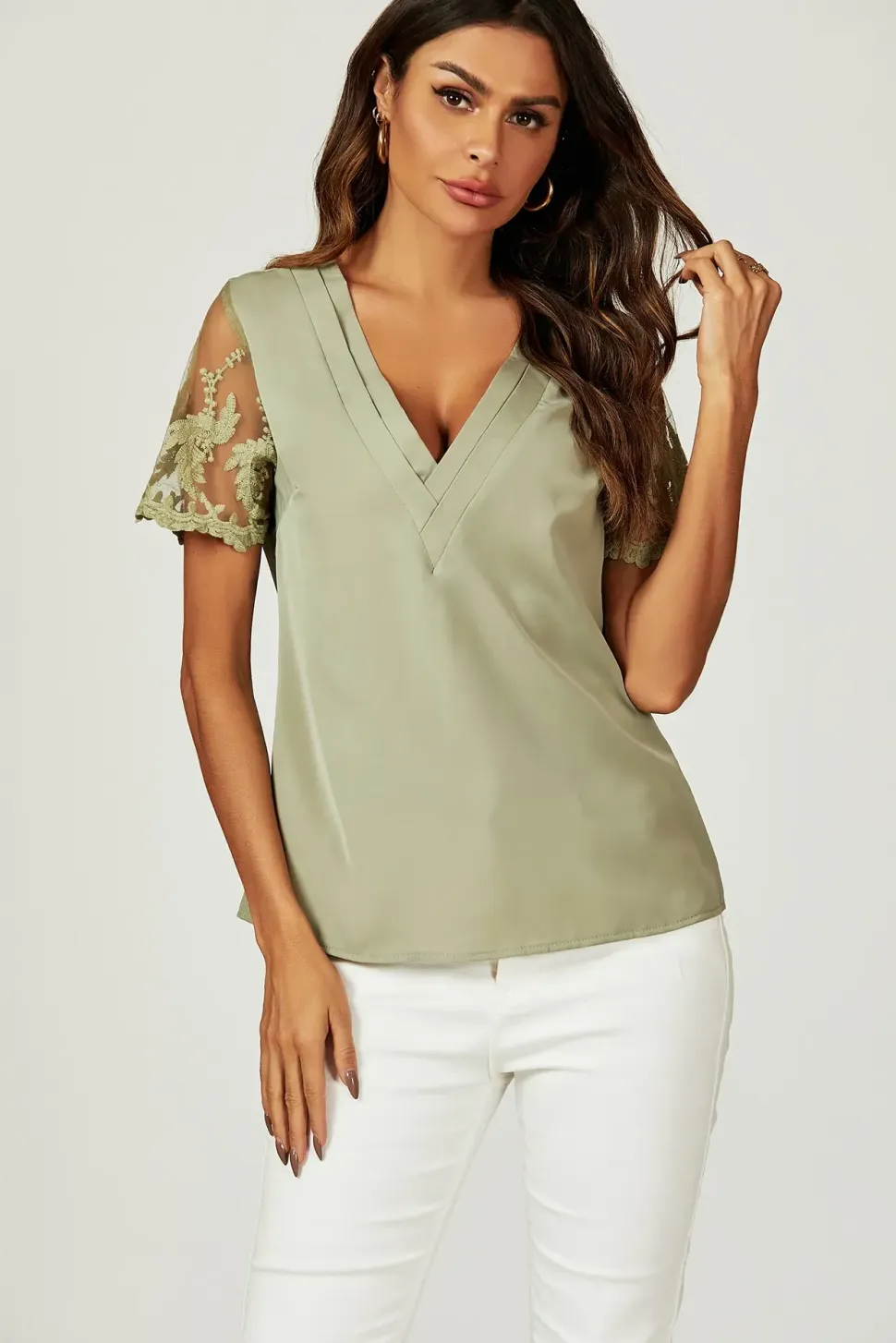 Lace Short Sleeve v Neck Blouse Top In Olive