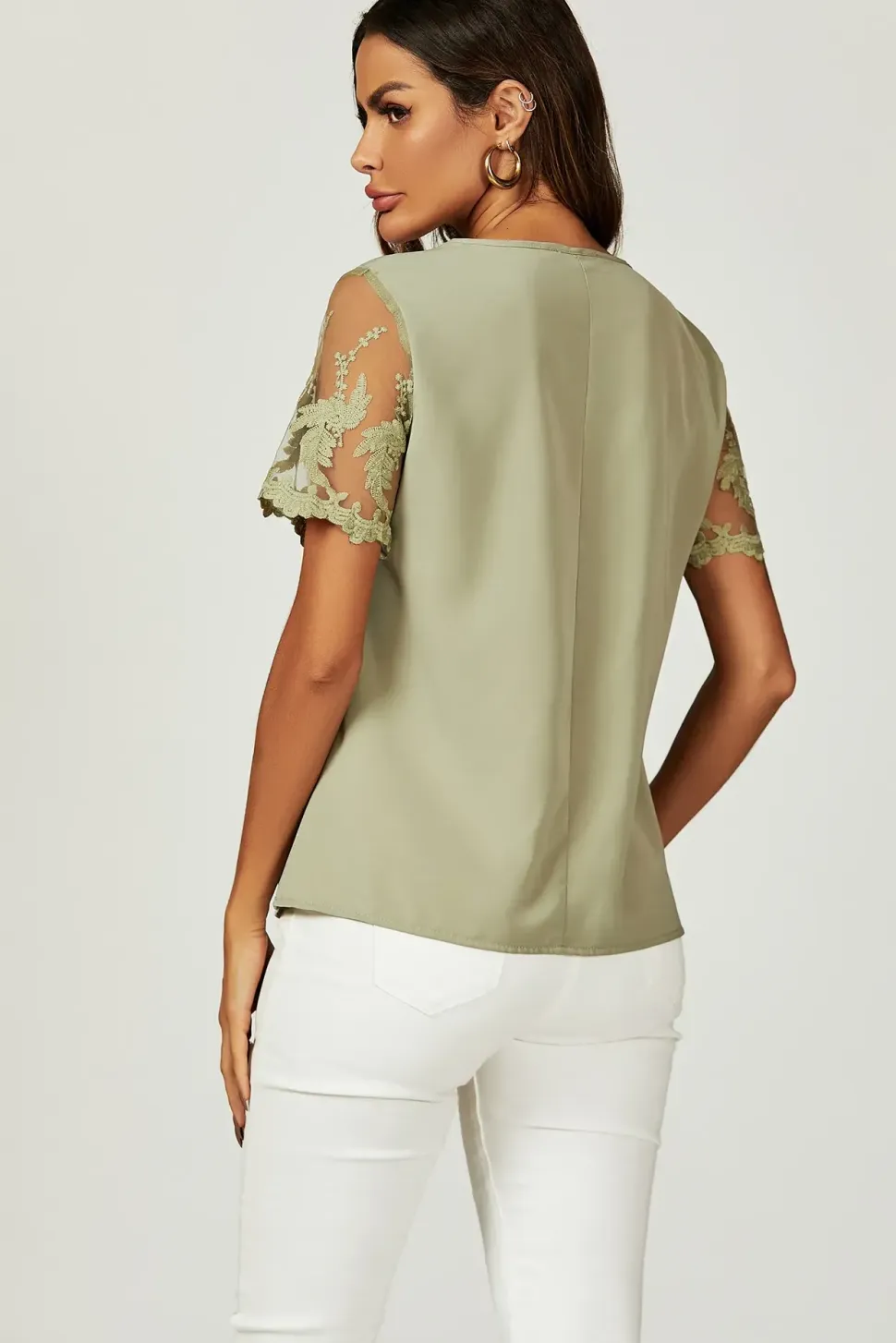 Lace Short Sleeve v Neck Blouse Top In Olive