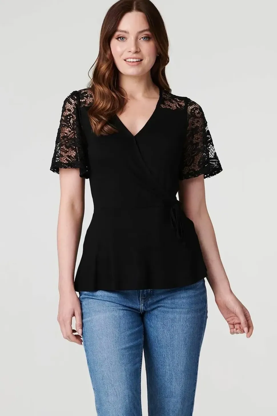 Lace Sleeve V-Neck Peplum Top