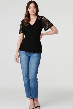 Lace Sleeve V-Neck Peplum Top