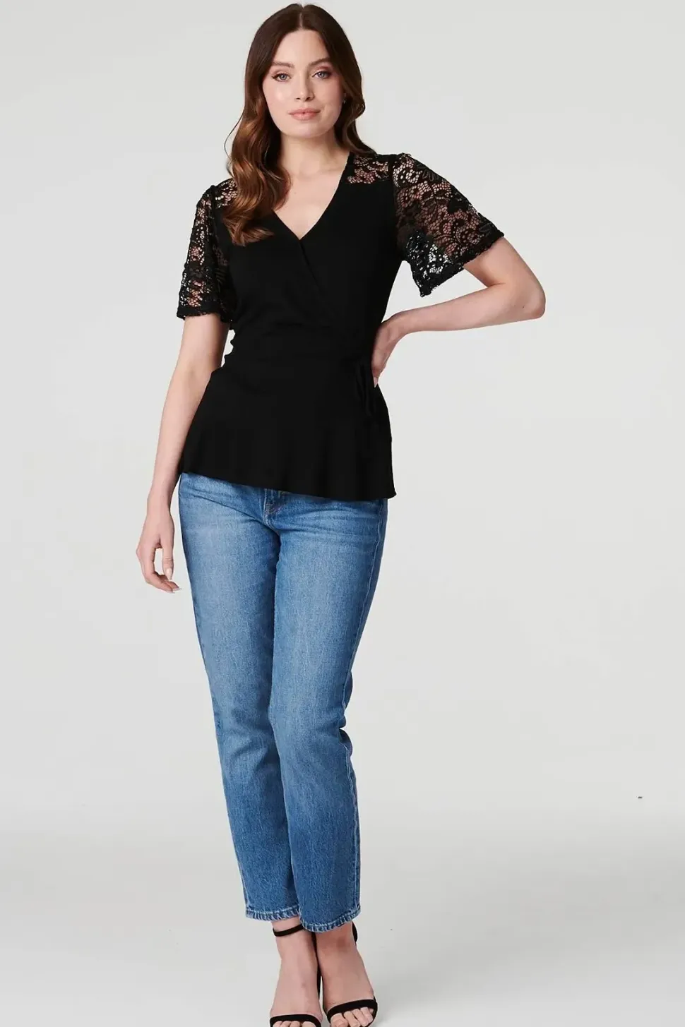 Lace Sleeve V-Neck Peplum Top