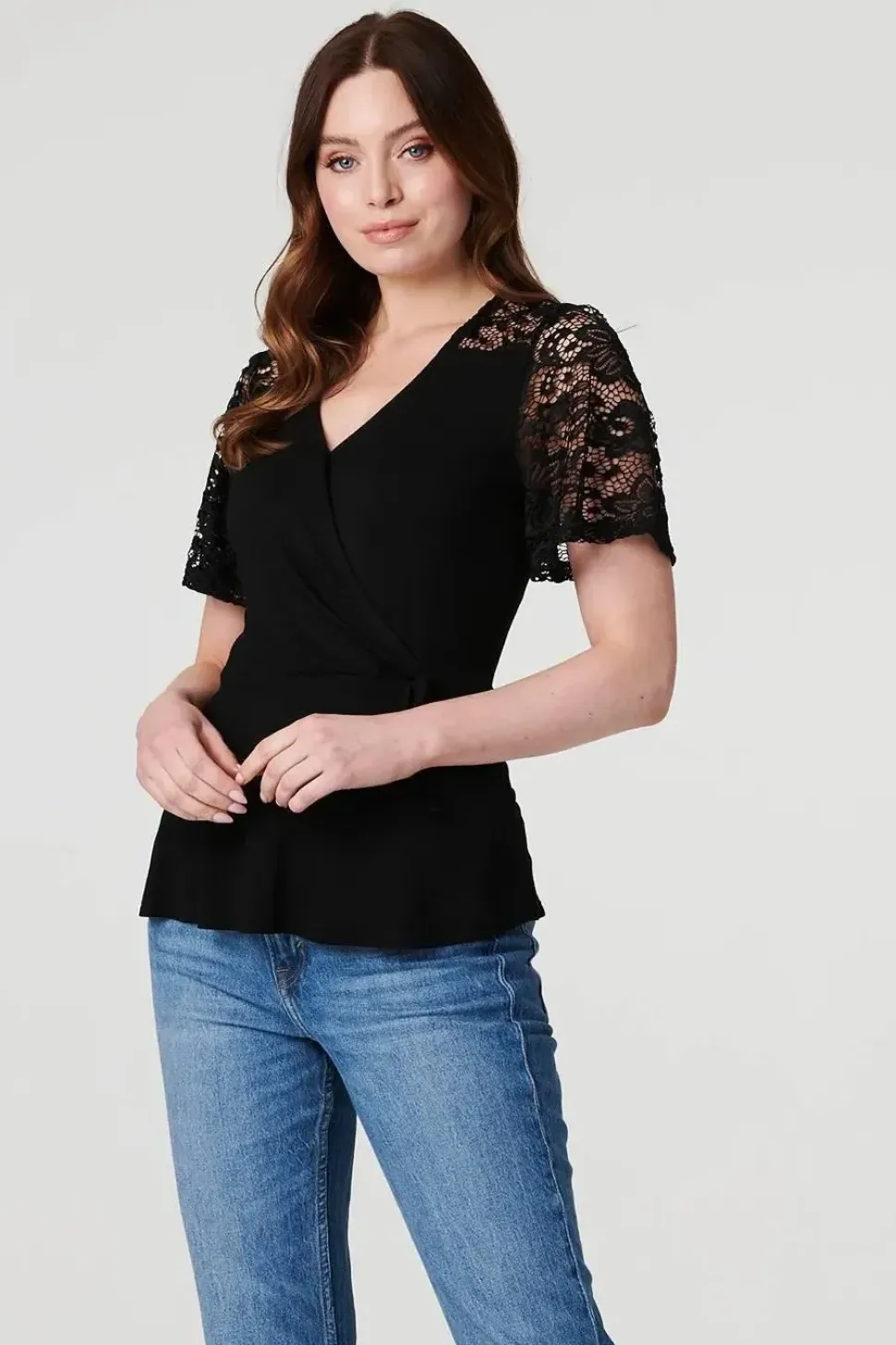 Lace Sleeve V-Neck Peplum Top