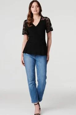 Lace Sleeve V-Neck Peplum Top