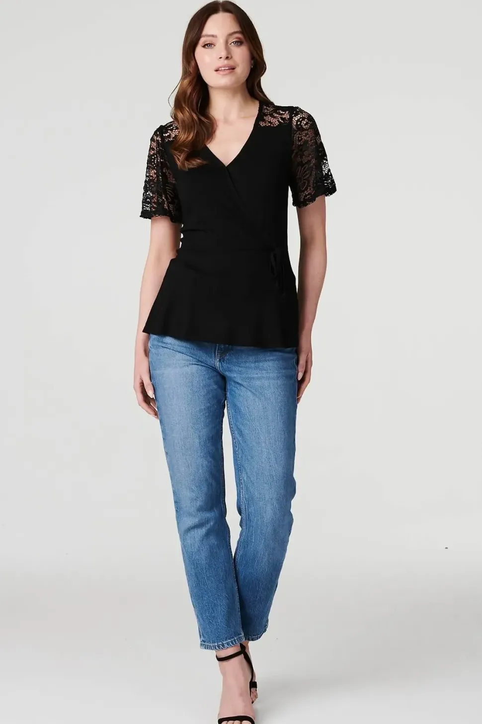 Lace Sleeve V-Neck Peplum Top