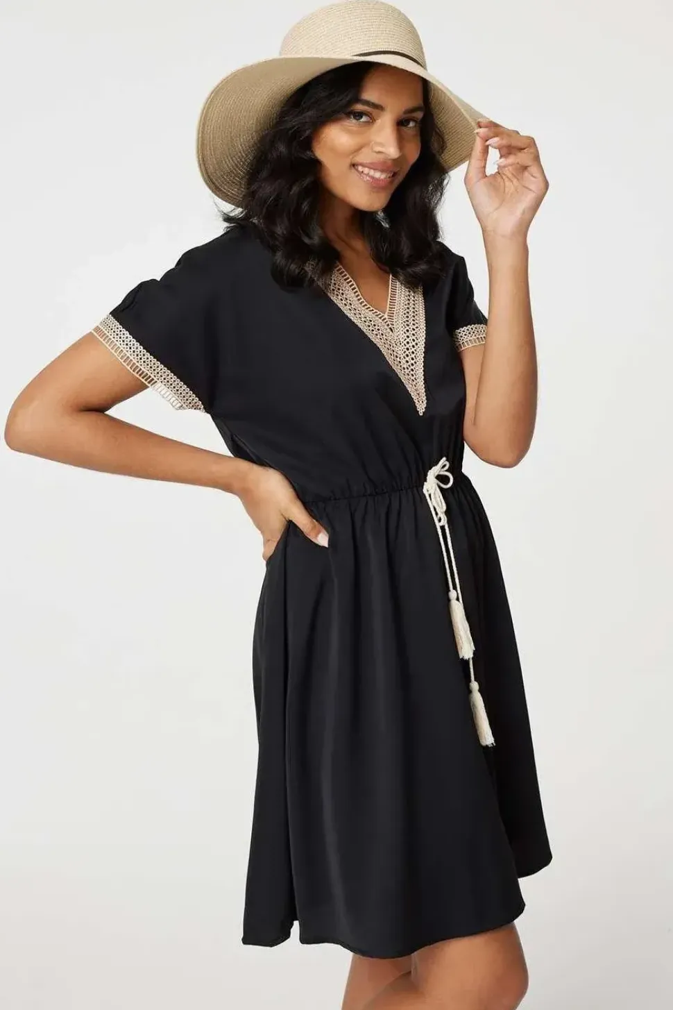 Lace Tassel Waist Tie Short Dress