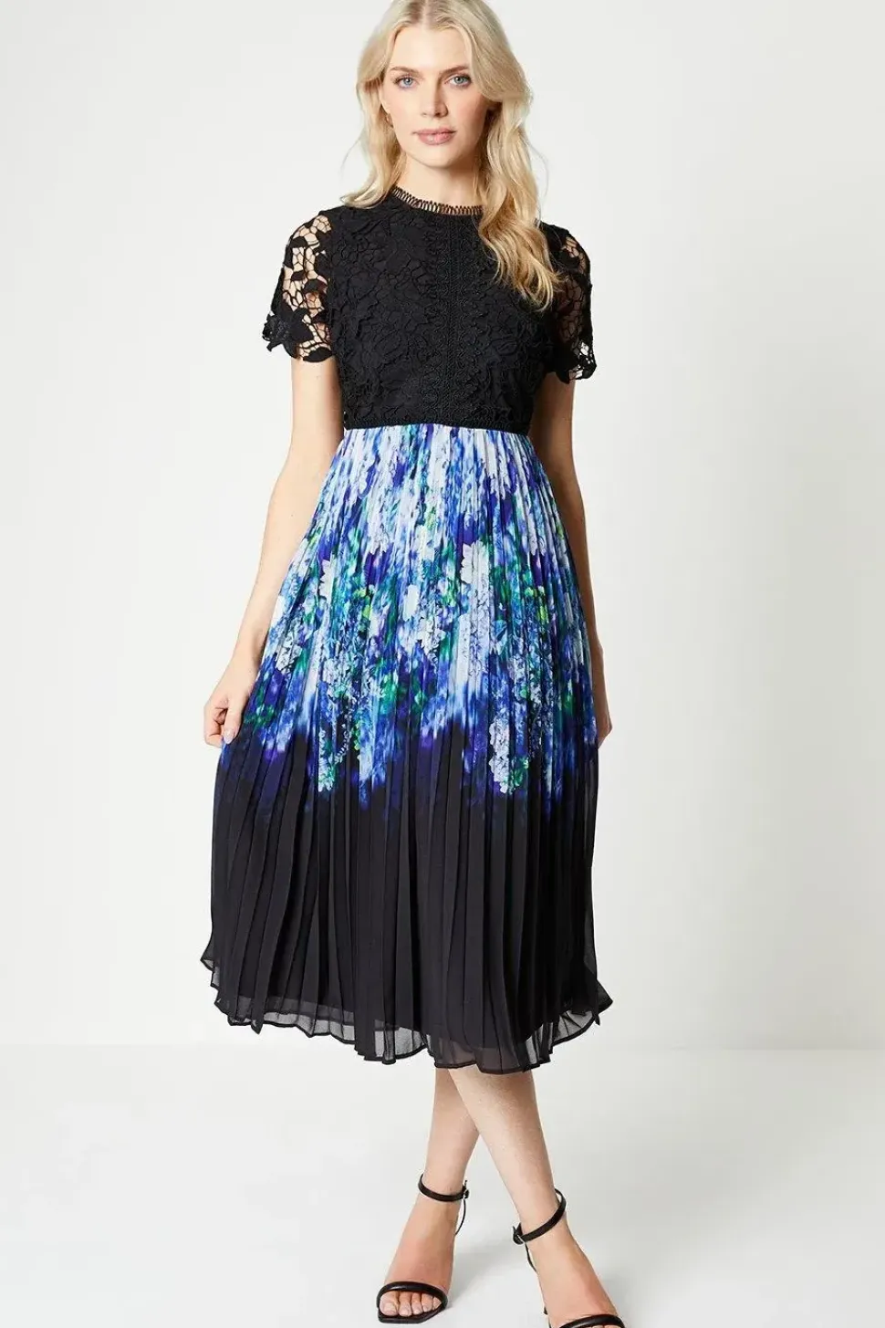 Lace Top Pleated Skirt Midi Dress