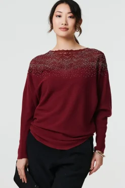 Lace Trim Batwing Long Sleeve Jumper