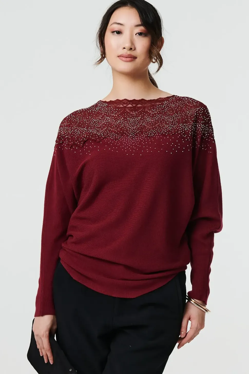 Lace Trim Batwing Long Sleeve Jumper