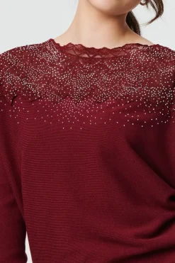Lace Trim Batwing Long Sleeve Jumper