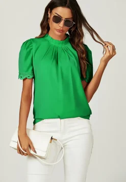 Lace Trim Detail Short Sleeve High Neck Blouse Top