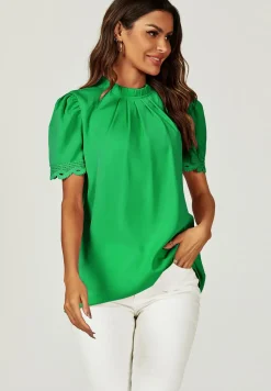 Lace Trim Detail Short Sleeve High Neck Blouse Top