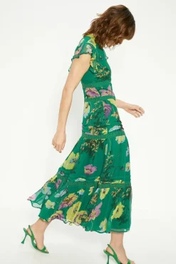 Lace Trim High Neck Chiffon Floral Midi Dress