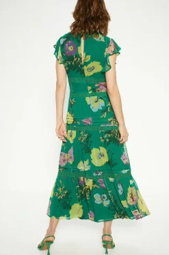 Lace Trim High Neck Chiffon Floral Midi Dress