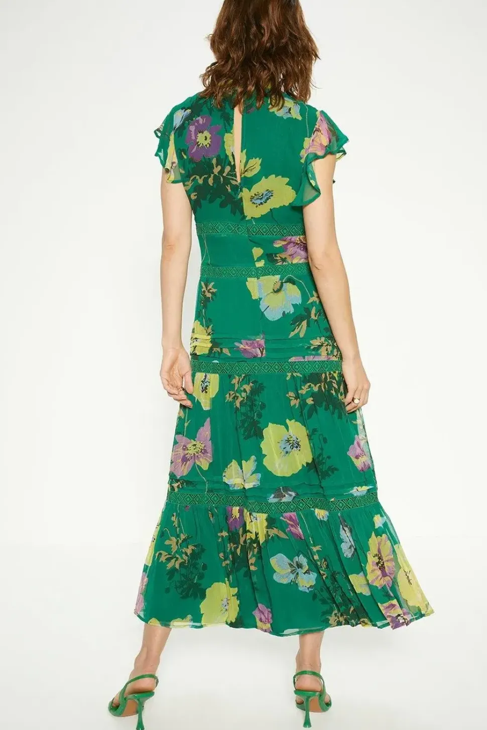 Lace Trim High Neck Chiffon Floral Midi Dress