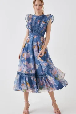 Lace Trim Organza Midi Dress