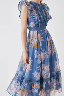 Lace Trim Organza Midi Dress