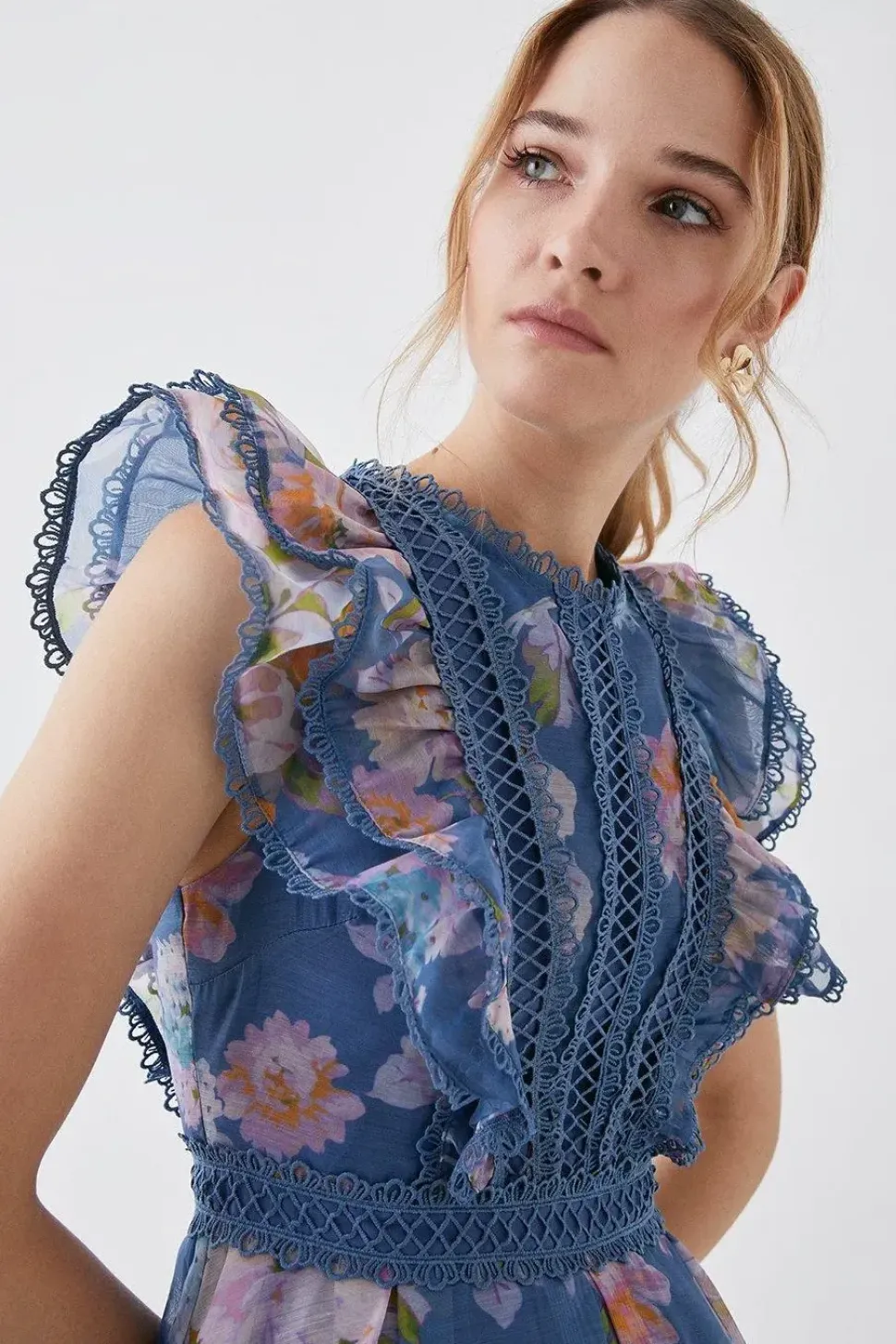 Lace Trim Organza Midi Dress