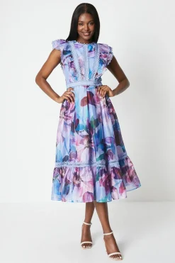 Lace Trim Organza Midi Dress