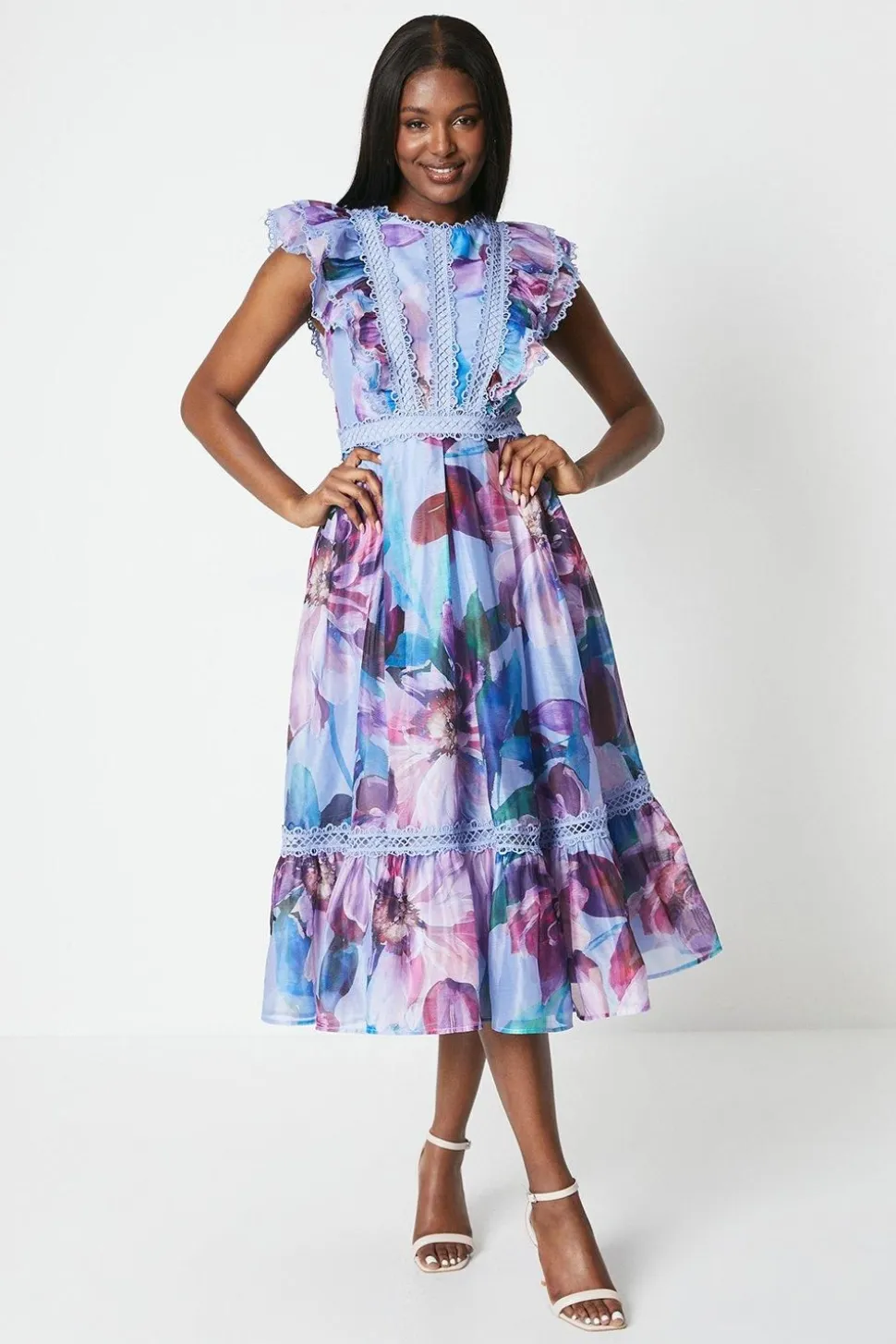 Lace Trim Organza Midi Dress