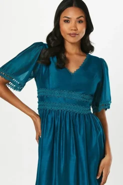Lace Trim Organza Midi Wedding Guest Dress