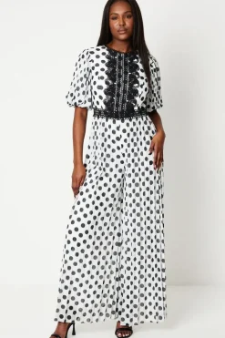 Lace Trim Polkadot Jumpsuit With Pleated Leg